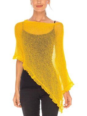 Women’s Yellow Sheer Knit Poncho Shrug Lightweight Asymmetrical Ruffle Wraps